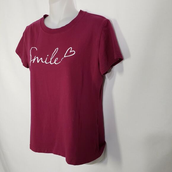 Shein Women's T Shirt Medium 6 Purple Graphic Smile Tee Short Sleeve Crew Neck - Picture 5 of 9
